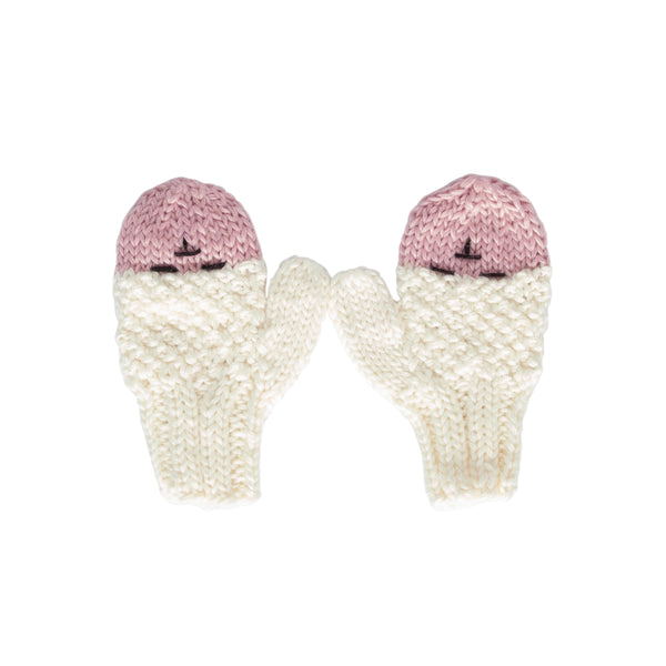 Bear Mittens Cream – hand-knitted baby mittens with cute bear face in soft wool blend – Acorn Kids