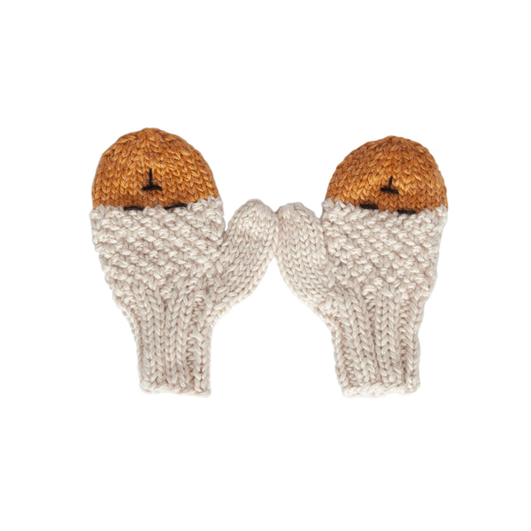 Bear Mittens Oatmeal – hand-knitted baby mittens with cute bear face in soft wool blend – Acorn Kids