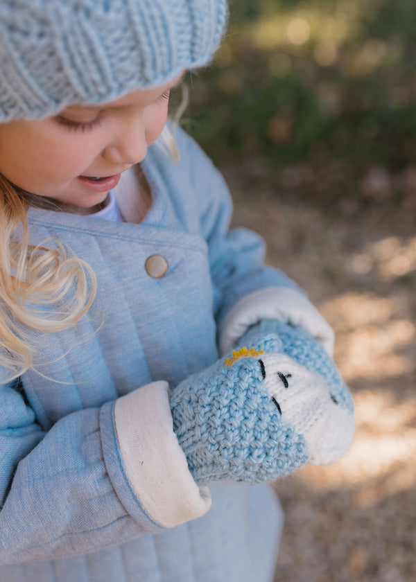 Bear Mittens Blue – hand-knitted baby mittens with cute bear face in soft wool blend – Acorn Kids