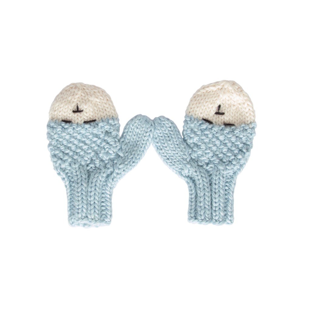 Bear Mittens Blue – hand-knitted baby mittens with cute bear face in soft wool blend – Acorn Kids