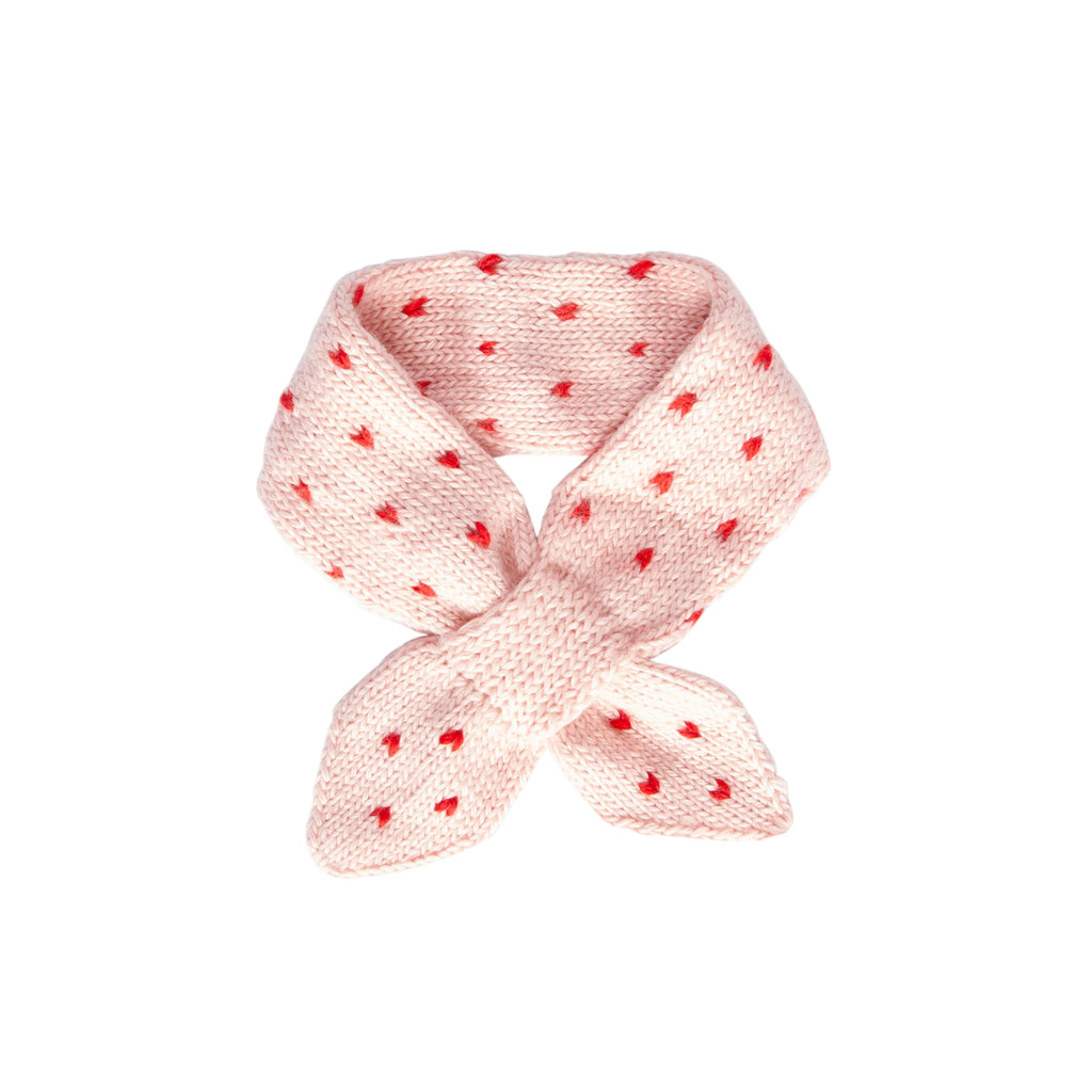 Cherry Cross Over Scarf – kids hand-knitted cross over scarf in pink and red wool blend – Acorn Kids