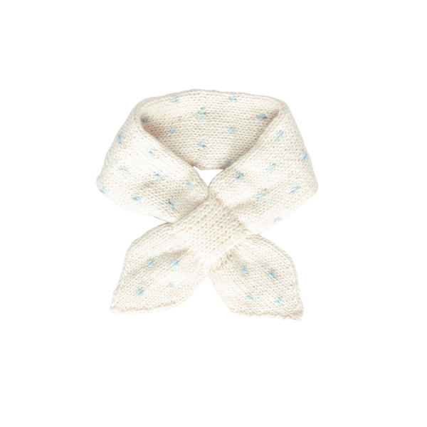 Bluebell Cross Over Scarf – kids hand-knitted cross over scarf in cream and blue wool blend – Acorn Kids
