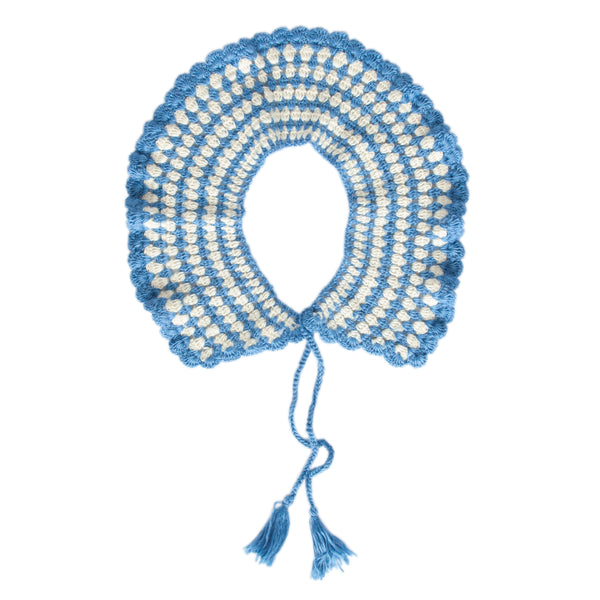 Boho Collar Blue – kids hand-crocheted collar scarf with retro stripes and scalloped edge – Acorn Kids