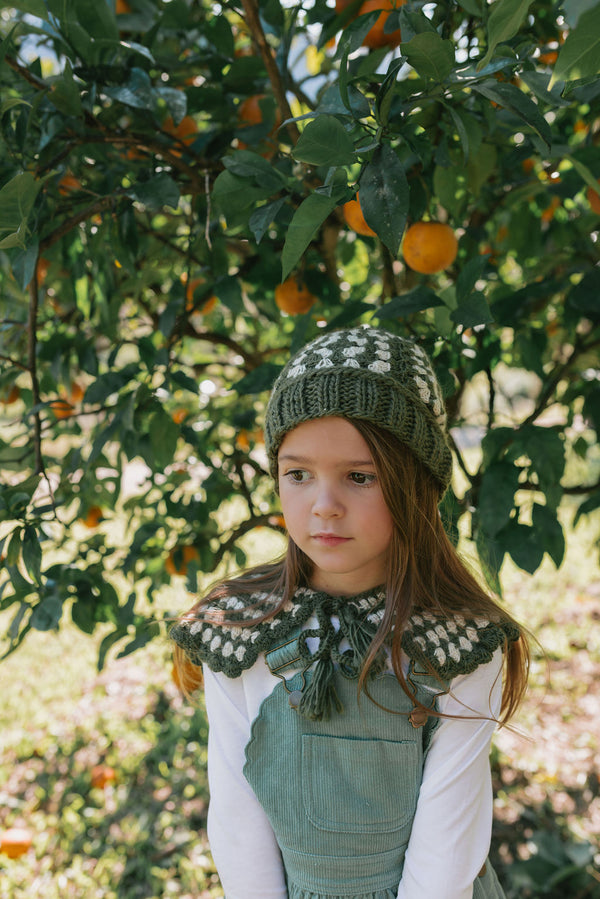Boho Beanie and Collar Khaki on child front view – kids hand-crocheted beanie and scarf with retro stripes and scalloped edge – Acorn Kids