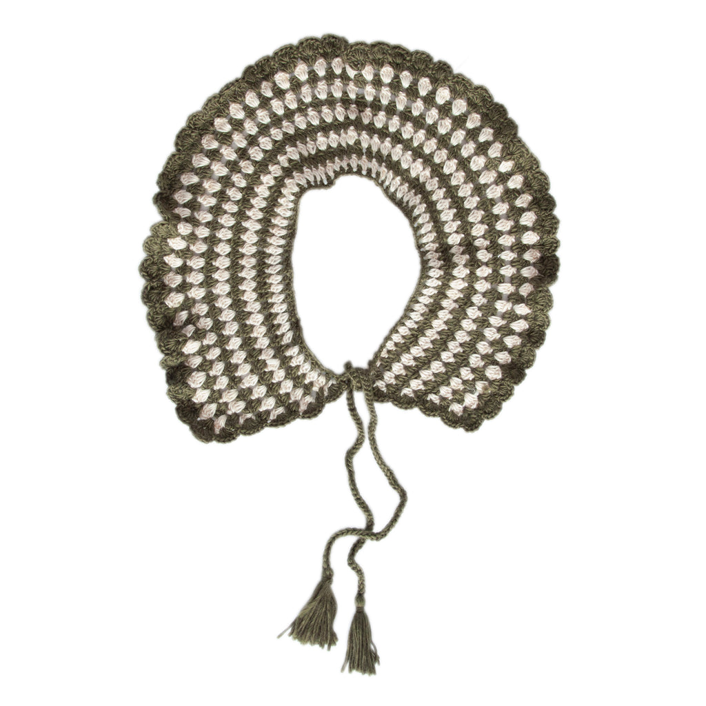 Boho Collar Khaki – kids hand-crocheted collar scarf with retro stripes and scalloped edge – Acorn Kids