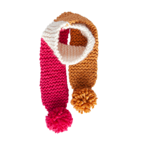 Teddy Scarf Fuchsia and caramel– kids hand-knitted colour block scarf with pom poms in soft wool blend – Acorn Kids