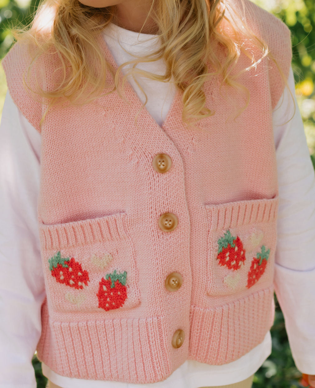 Strawberry Fields Merino Vest – kids knitted merino wool vest with strawberry design – Acorn Kids