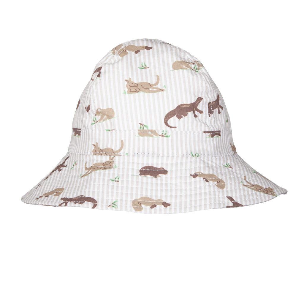 Bucket hat with an Australian animal pattern with kangaroos, wombats, platapus on a white background