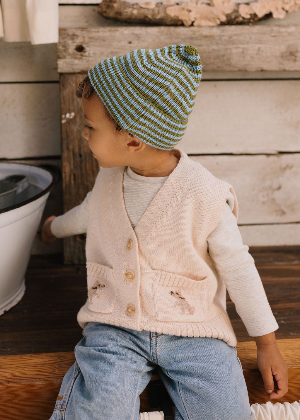 Berlin Merino Beanie Green and Blue Stripe - Acorn Kids Accessories