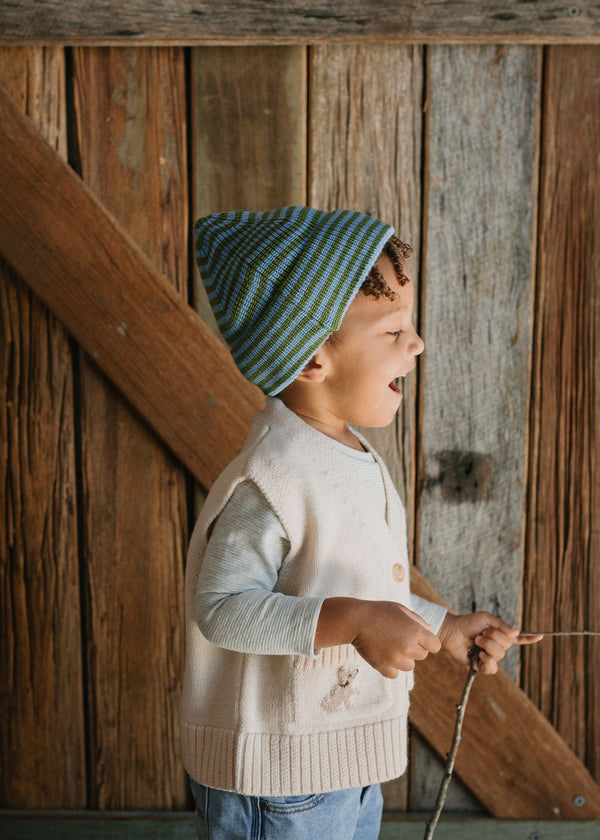 Berlin Merino Beanie Green and Blue Stripe - Acorn Kids Accessories