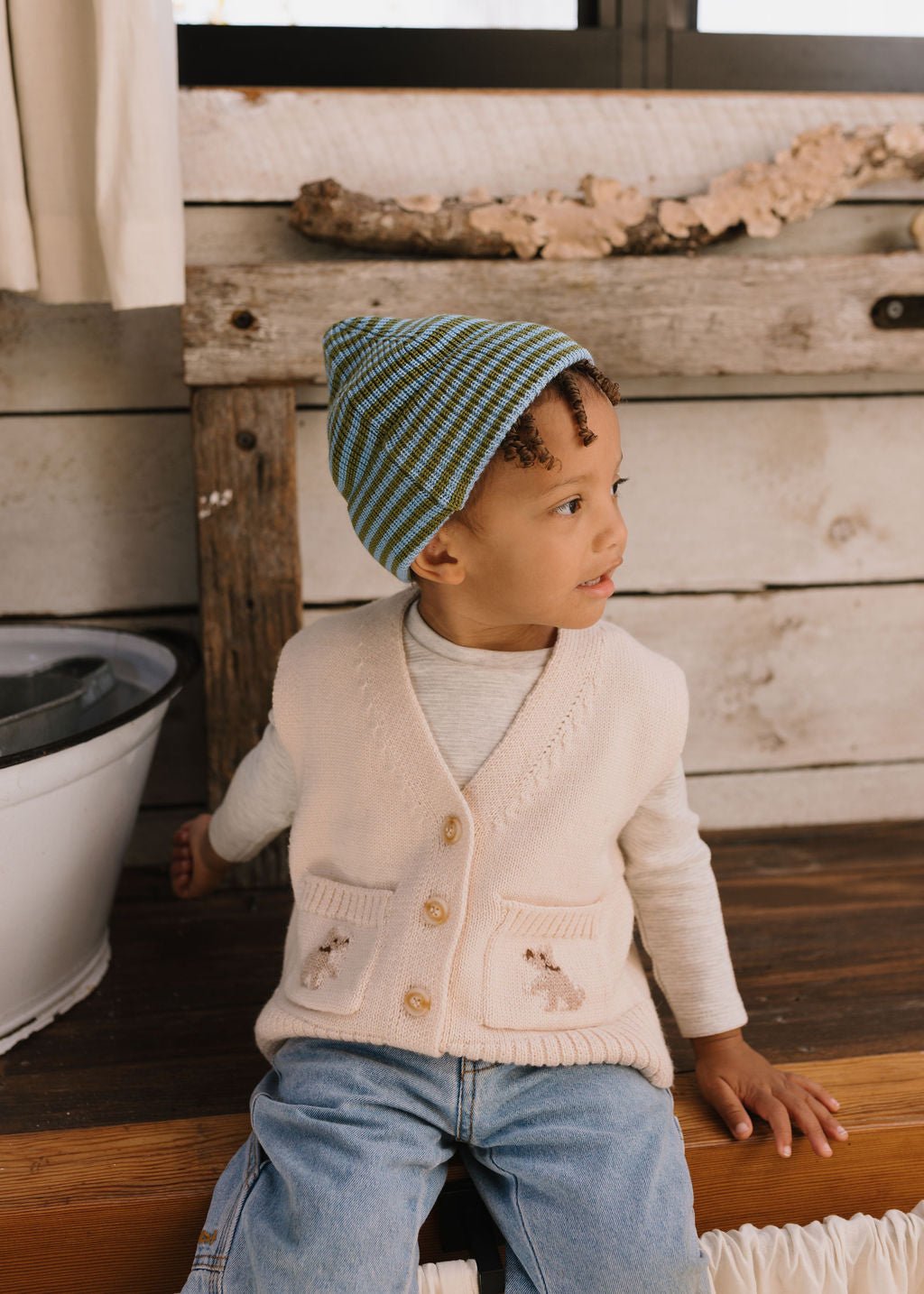 Berlin Merino Beanie Green and Blue Stripe - Acorn Kids Accessories