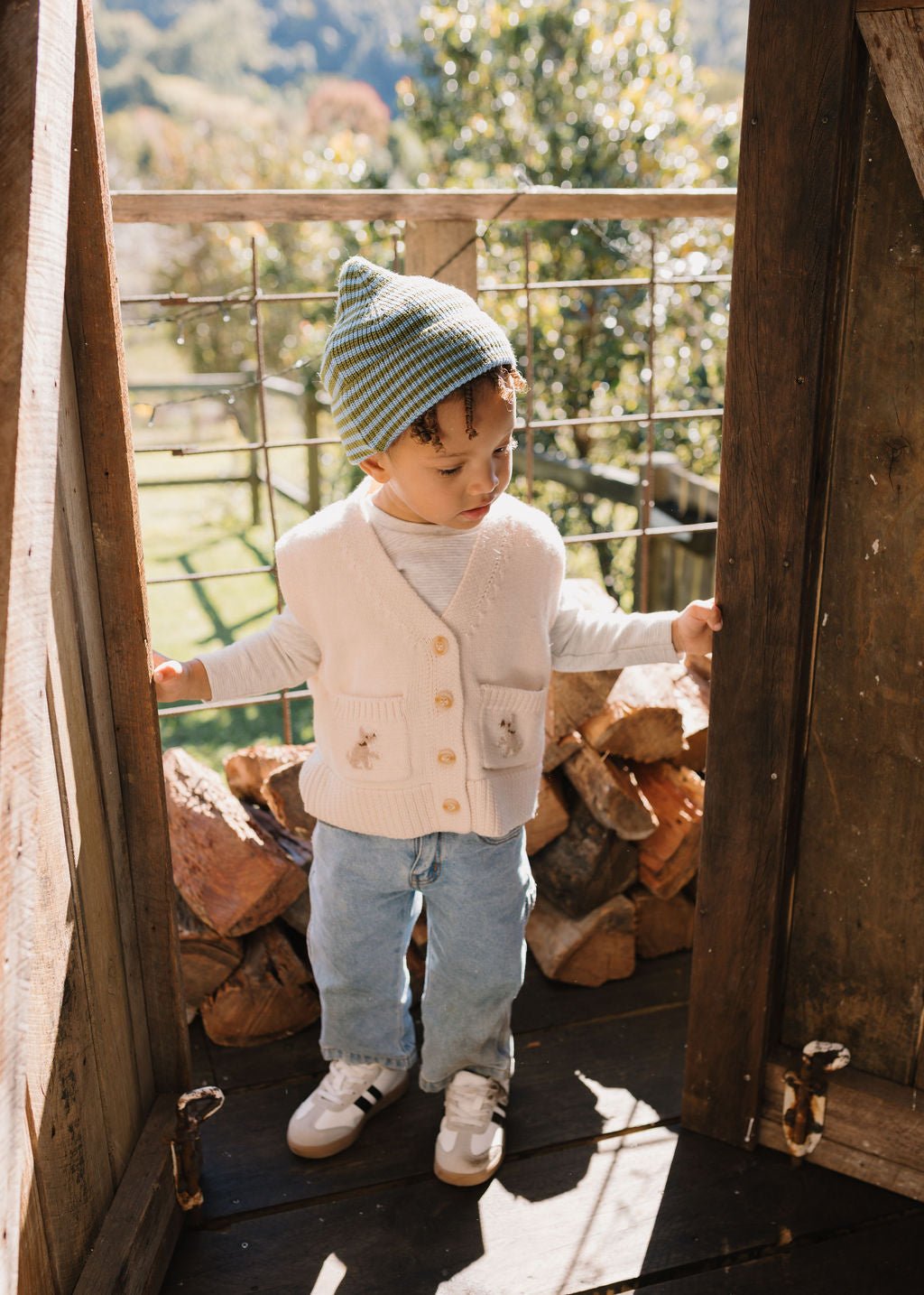 Berlin Merino Beanie Green and Blue Stripe - Acorn Kids Accessories