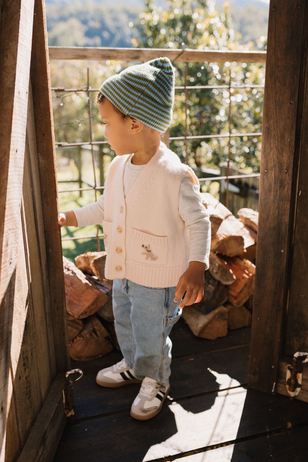 Berlin Merino Beanie Green and Blue Stripe - Acorn Kids Accessories