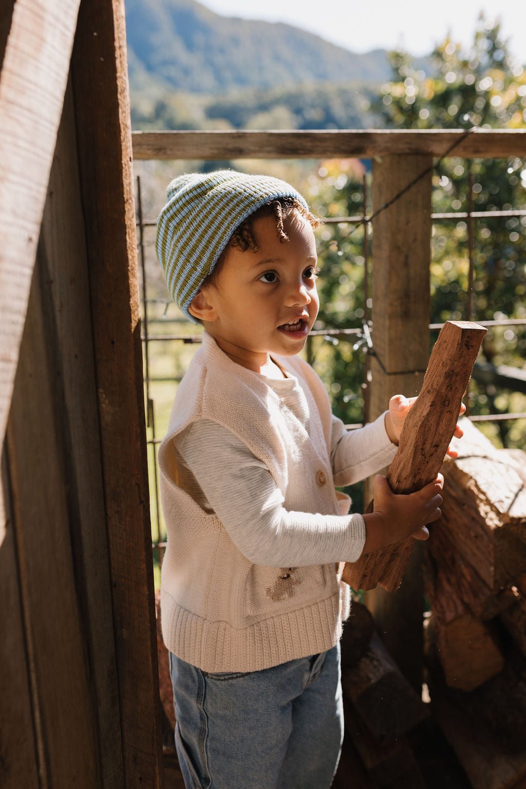 Berlin Merino Beanie Green and Blue Stripe - Acorn Kids Accessories