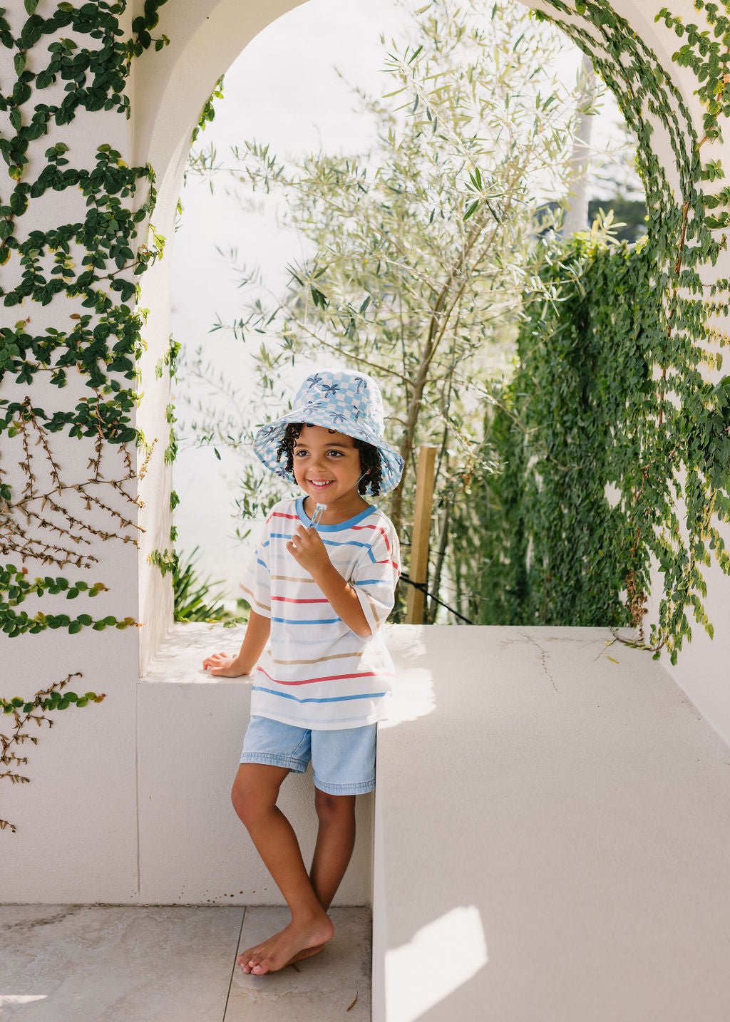 Blue Checked Palms Wide Brim Bucket Hat - Acorn Kids Accessories