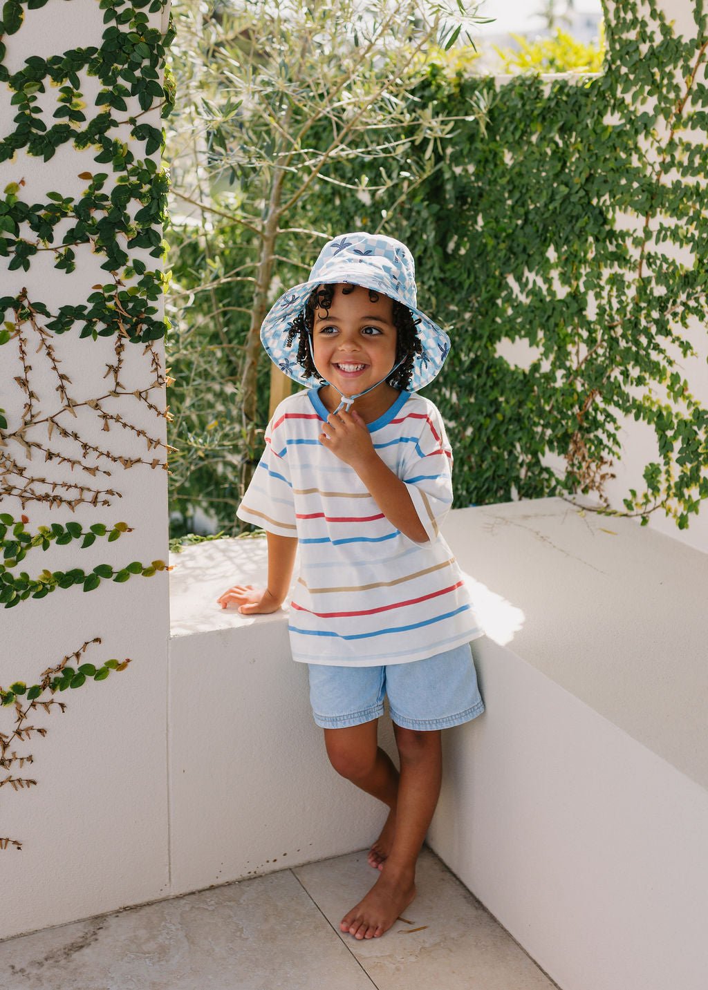 Blue Checked Palms Wide Brim Bucket Hat - Acorn Kids Accessories