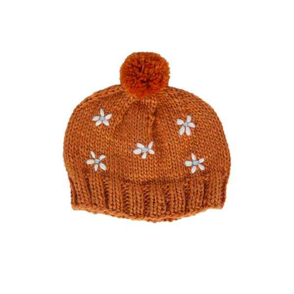 Daisy Beanie Caramel - Acorn Kids Accessories - Knitted hat with white flower patterns and a pom-pom