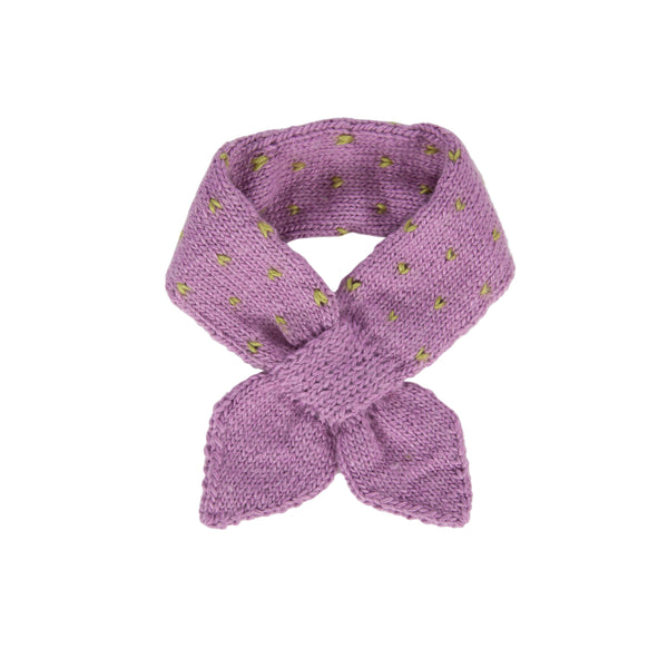 Grape Cross Over Scarf - Acorn Kids Accessories - Purple knitted scarf with small green patterns 