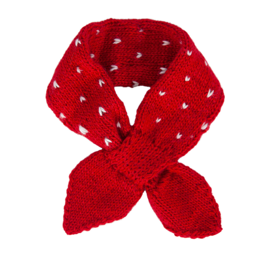 Strawberry Cross Over Scarf – kids hand-knitted red and white scarf with strawberry design in soft wool blend – Acorn Kids