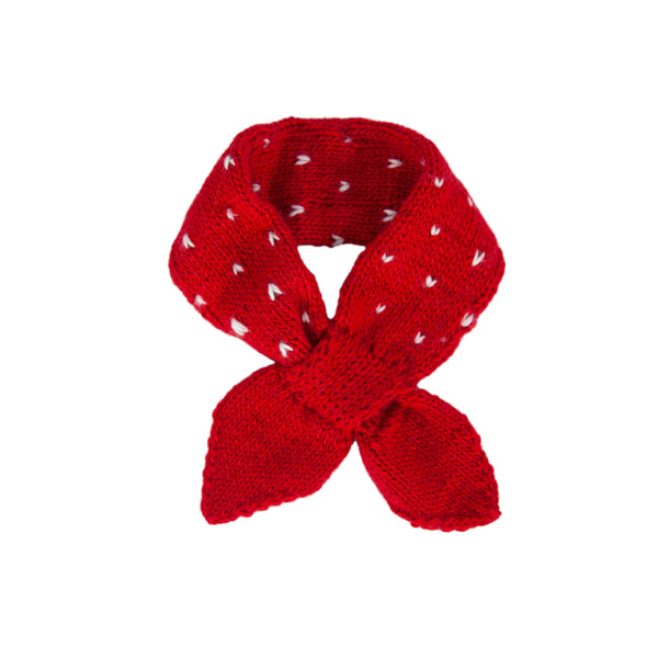 Strawberry Cross Over Scarf – kids hand-knitted red and white scarf with strawberry design in soft wool blend – Acorn Kids