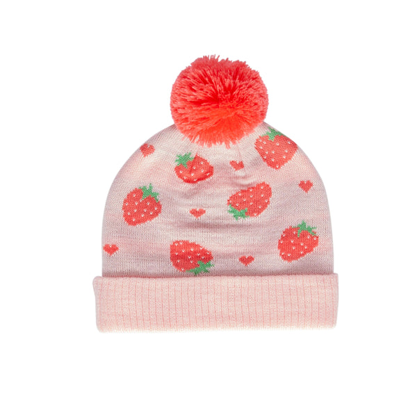 Strawberry Fields Merino Beanie - Acorn Kids Accessories - Pink beanie with strawberry pattern and red pom-pom on a white background