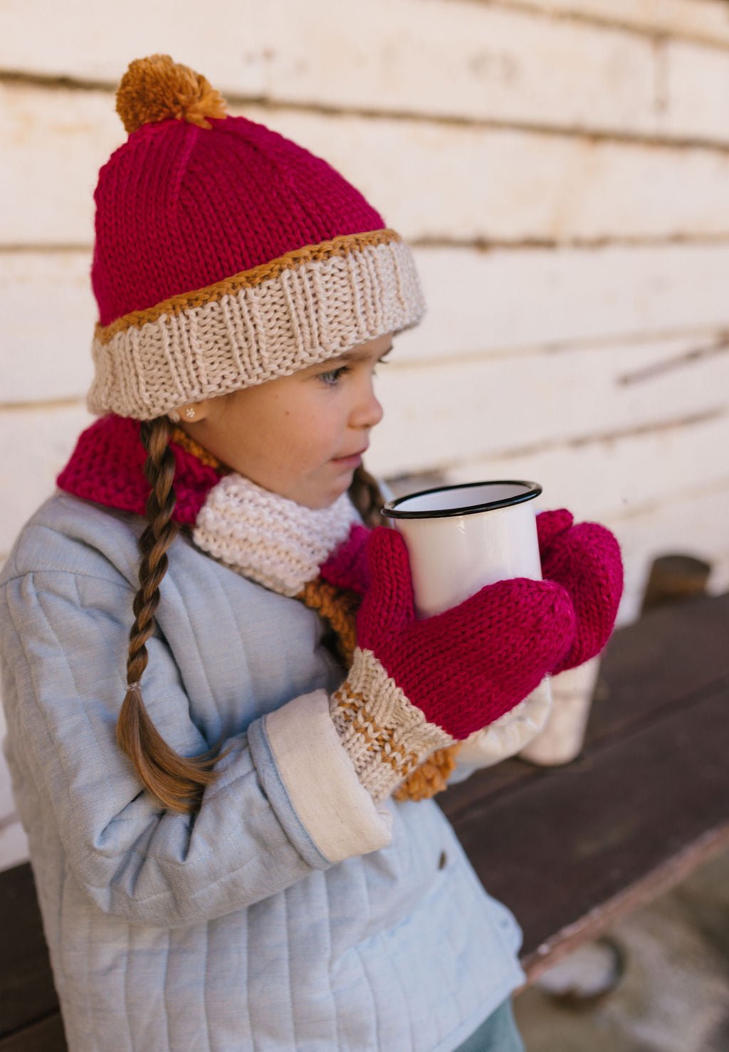 Teddy Beanie & Mittens Bundle - Fushcia and Caramel - Acorn Kids Accessories