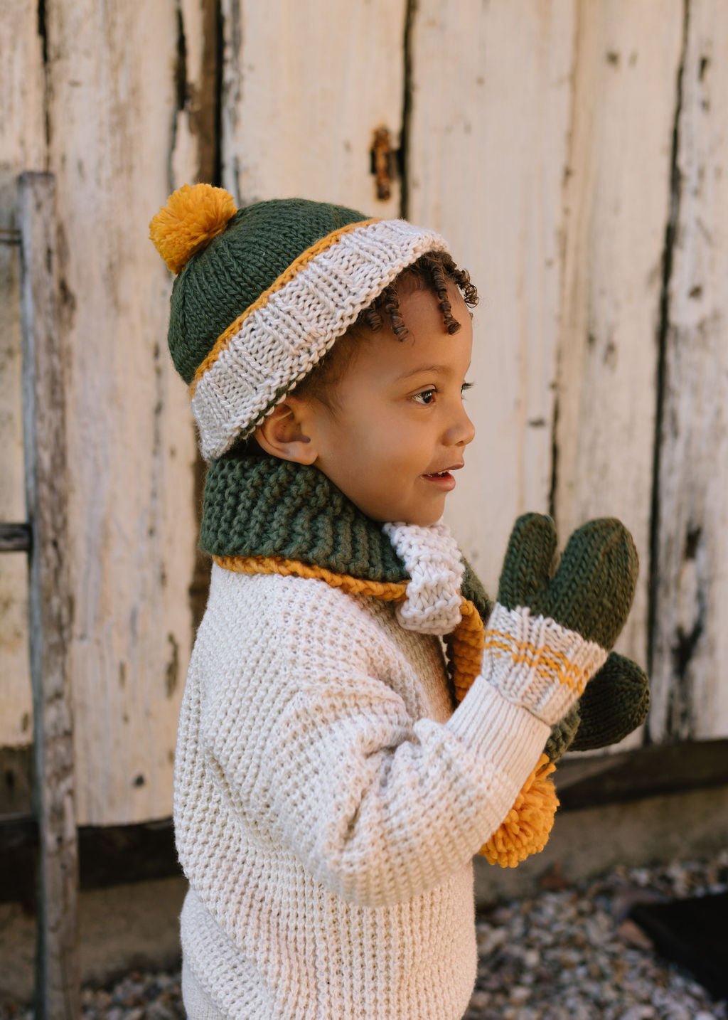 Teddy Beanie & Mittens Bundle - Khaki and Gold - Acorn Kids Accessories