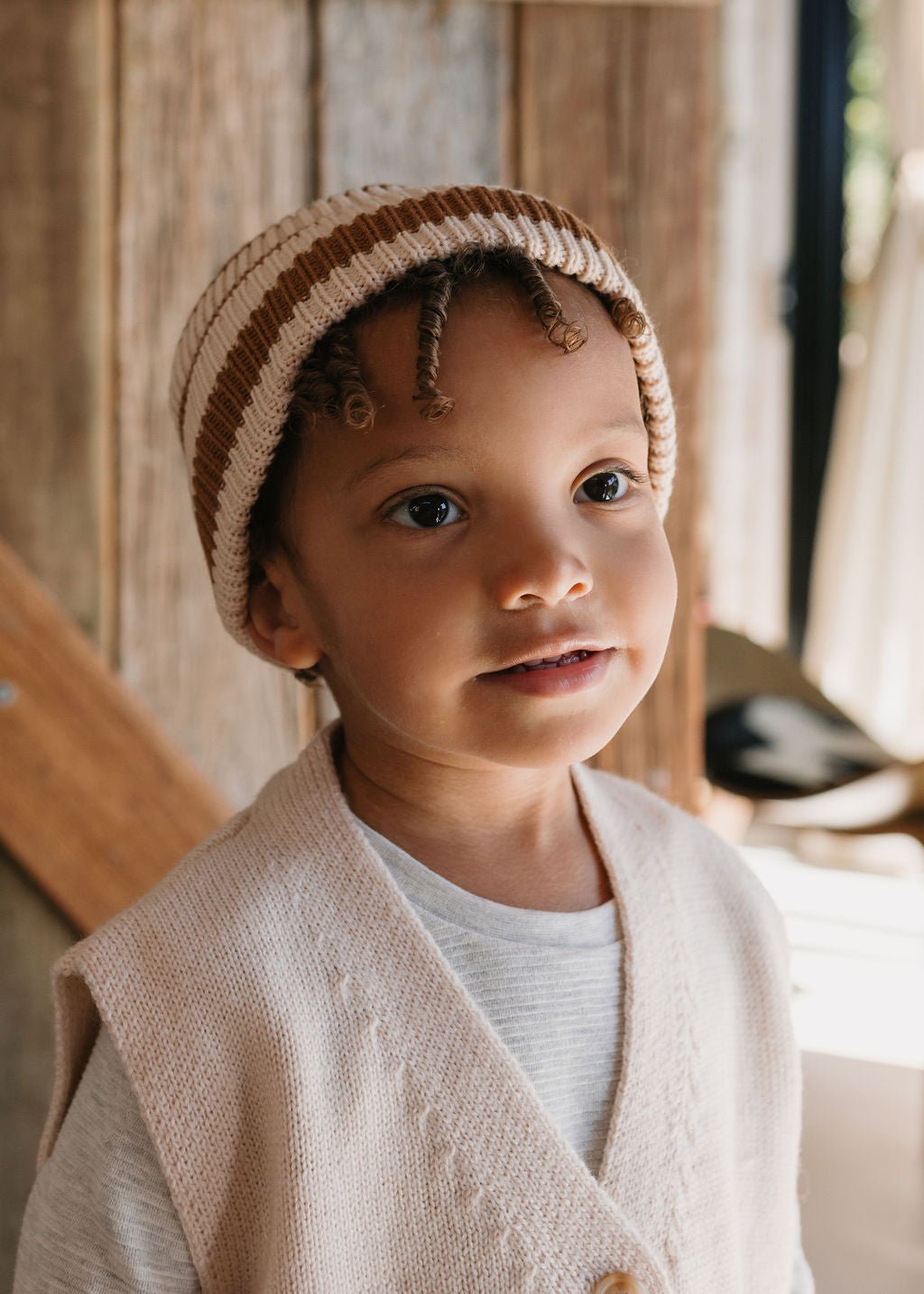 Tokyo Merino Beanie Caramel Stripe - Acorn Kids Accessories