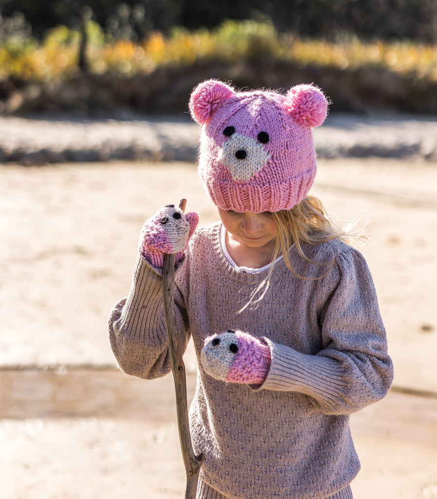 Bear Face Beanie Pink - Acorn Kids Accessories