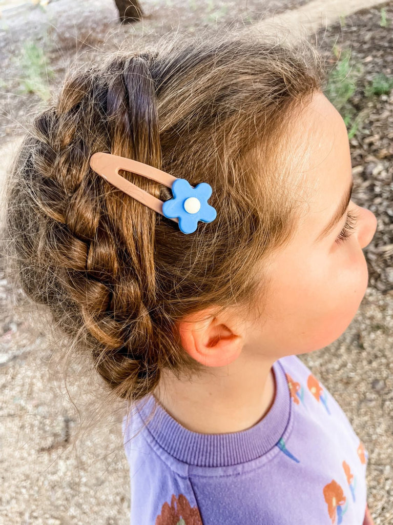 Daisy Hair Clip Blue and Tan - Acorn Kids Accessories